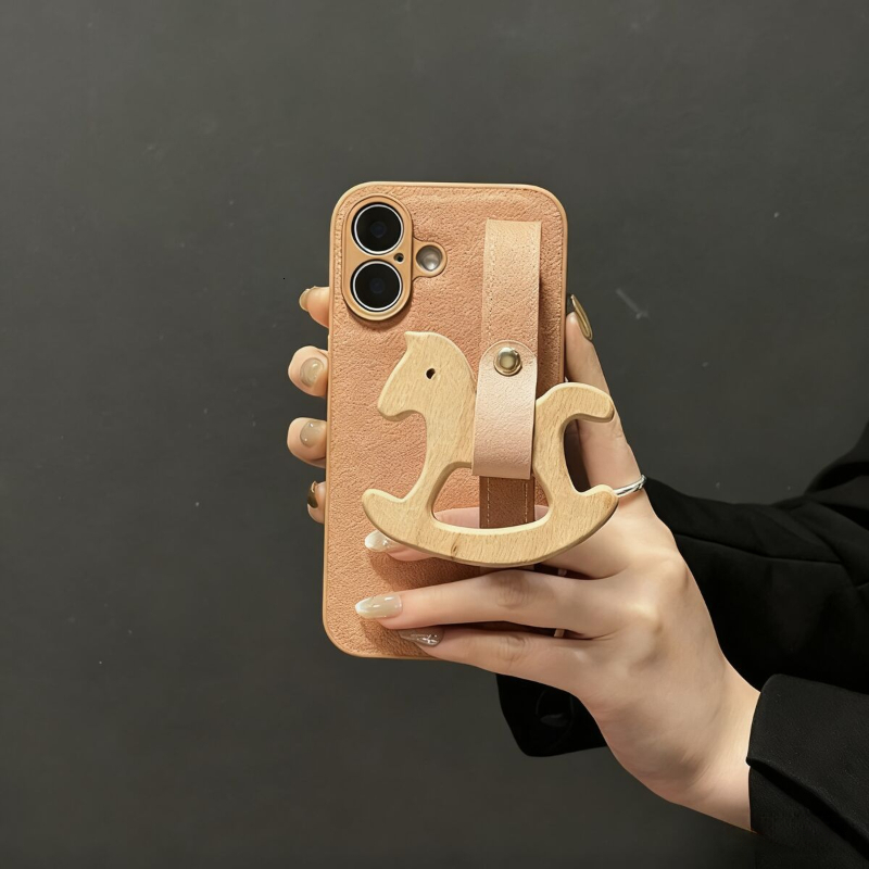 for iPhone 17 Pro Max Case with Wrist Strap Pink Moon Crater Pattern Wooden Horse Design with Adjustable Wristband Kickstand Shockproof TPU Protection