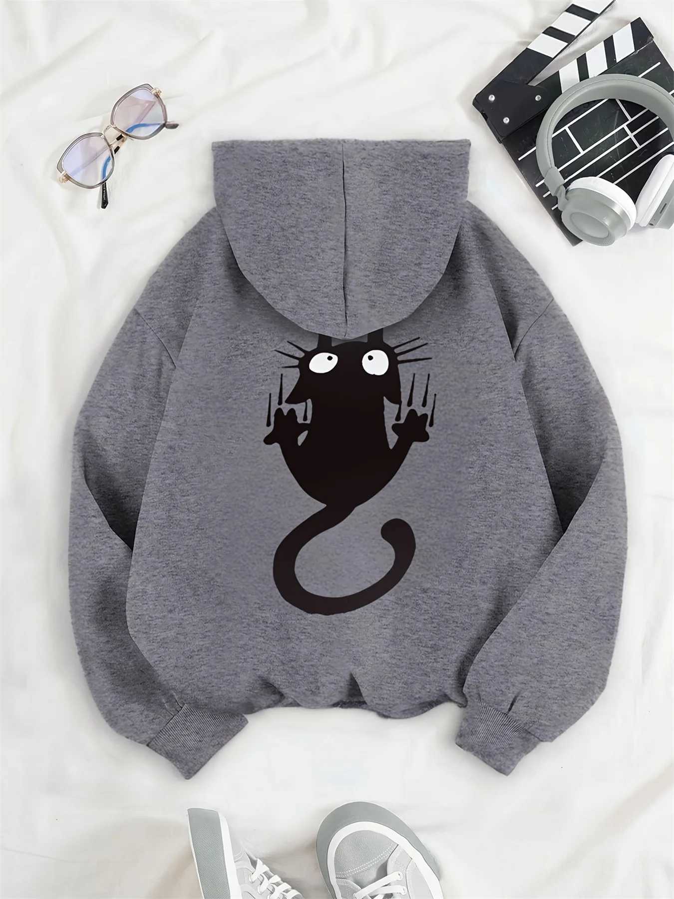 Womens casual hoodie sweatshirt with cute cat pattern print round neck long sleeves for autumn and winter warmth regular styleT251105