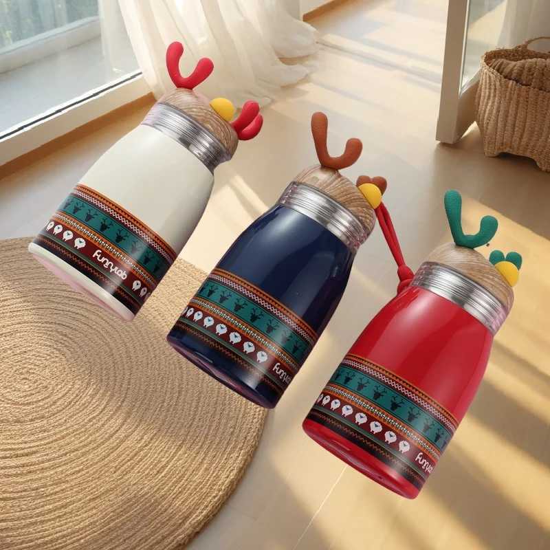Portable Handle Cartoon Insulated Cup with Christmas Reindeer Design 304 Stainless Steel Suitable for Students C251008