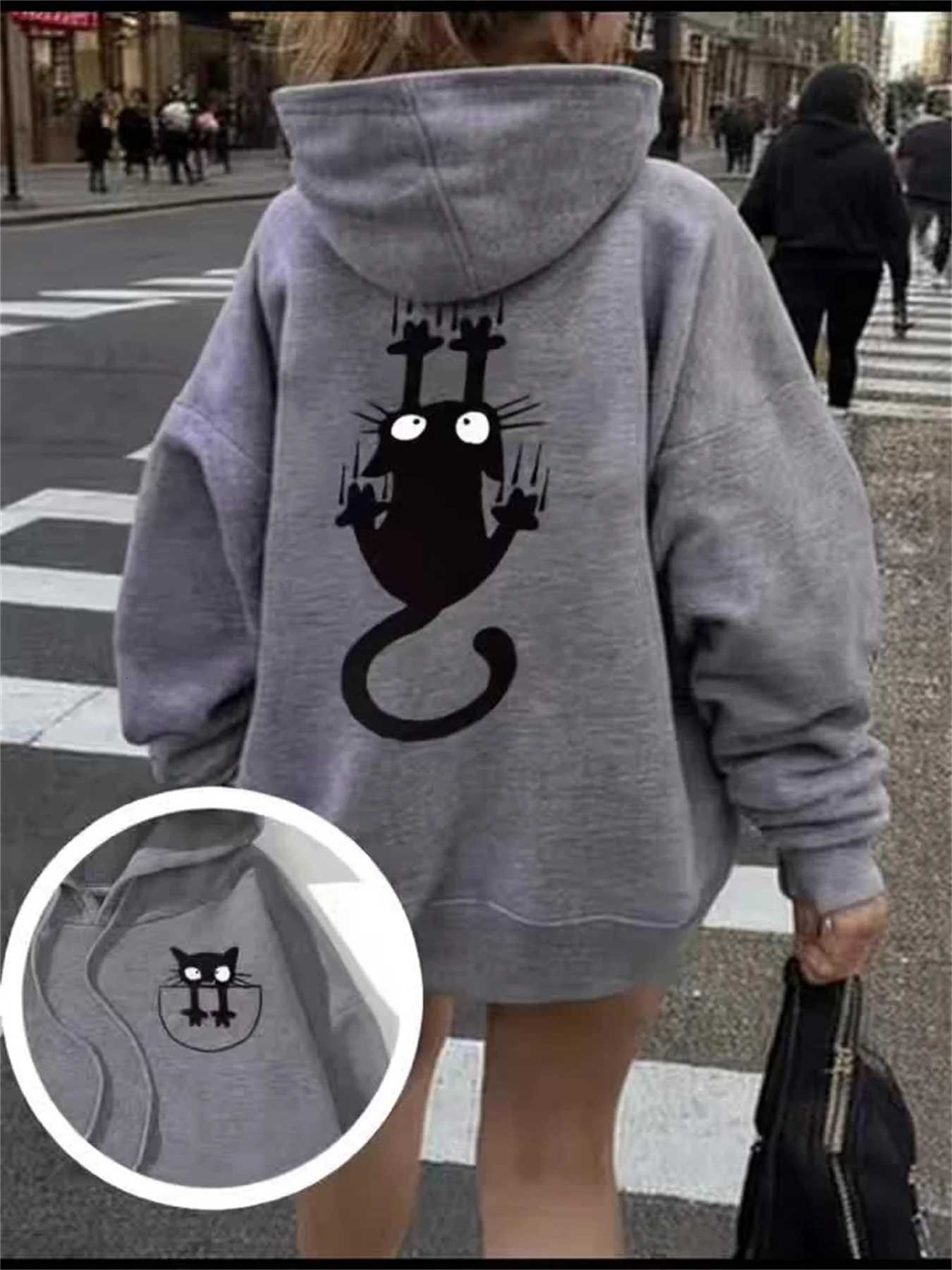 Womens casual hoodie sweatshirt with cute cat pattern print round neck long sleeves for autumn and winter warmth regular styleT251105