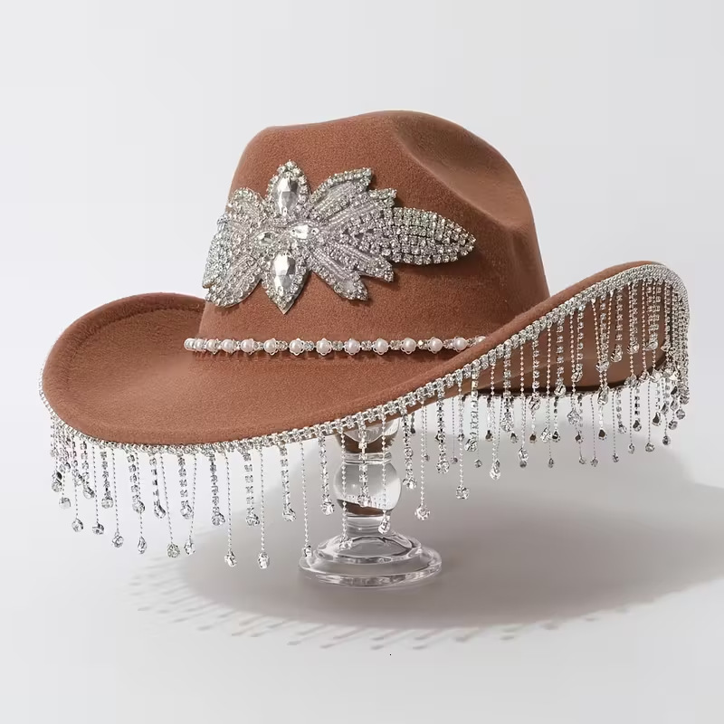 Rhinestone Tassel Wool Western Cowboy Hat Large Head Circumference Hat Autumn Winter Women Elegant Jazz Fedora Wide Brim 250326