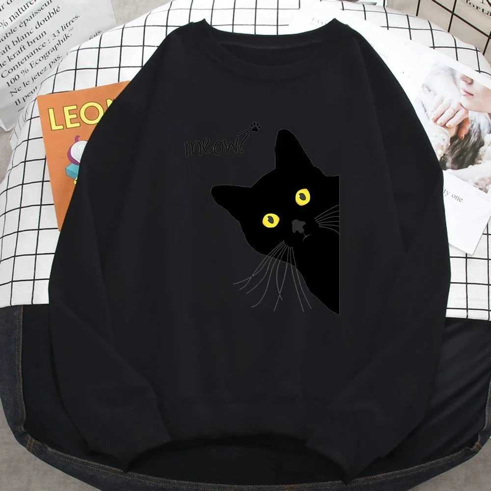 Winter Fall Harajuku Woman Sweatshirt Meow Black Cat Printing Hoodies Comfortable Pullover Crewneck Casual Female ClothesT251105