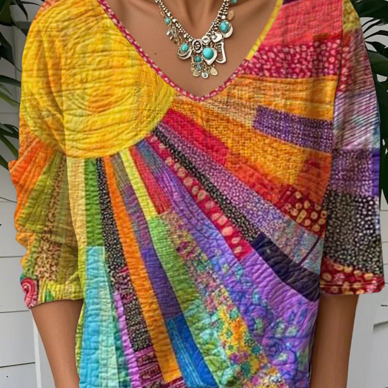 Women's Milk Silk V-Neck Patchwork Blouse Bohemian Style Quilted Tunic Multi-Color Mixed-CF53738