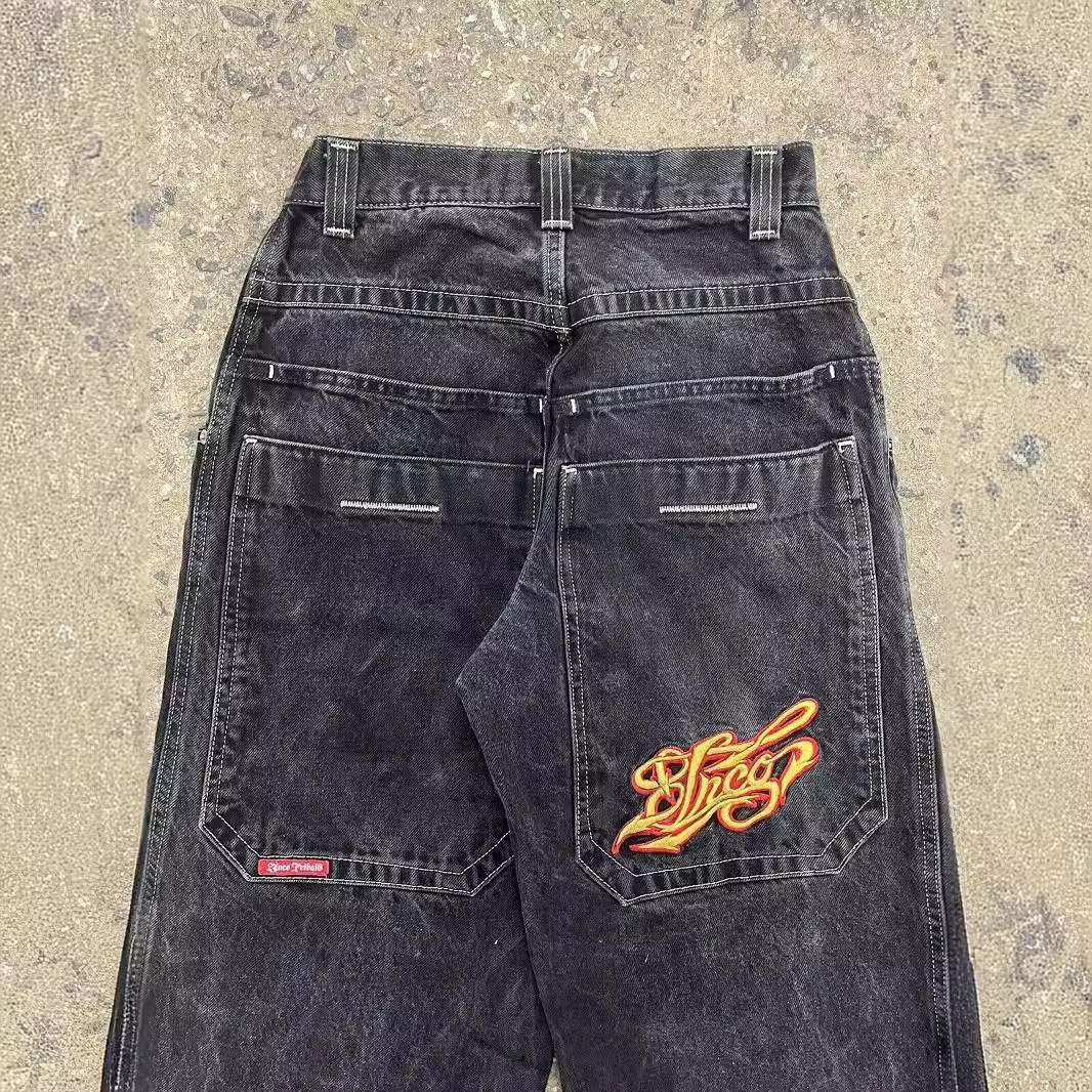 ins jeans men and women american personality printing straight pants fall and winter street style loose black jeans 250210