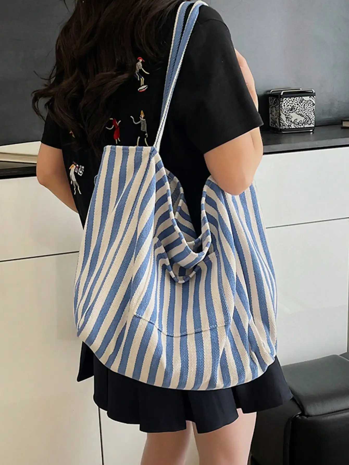 retro chic striped canvas tote bag korean fashion casual spacious shoulder bag for women suitable for travel and vacationT251007