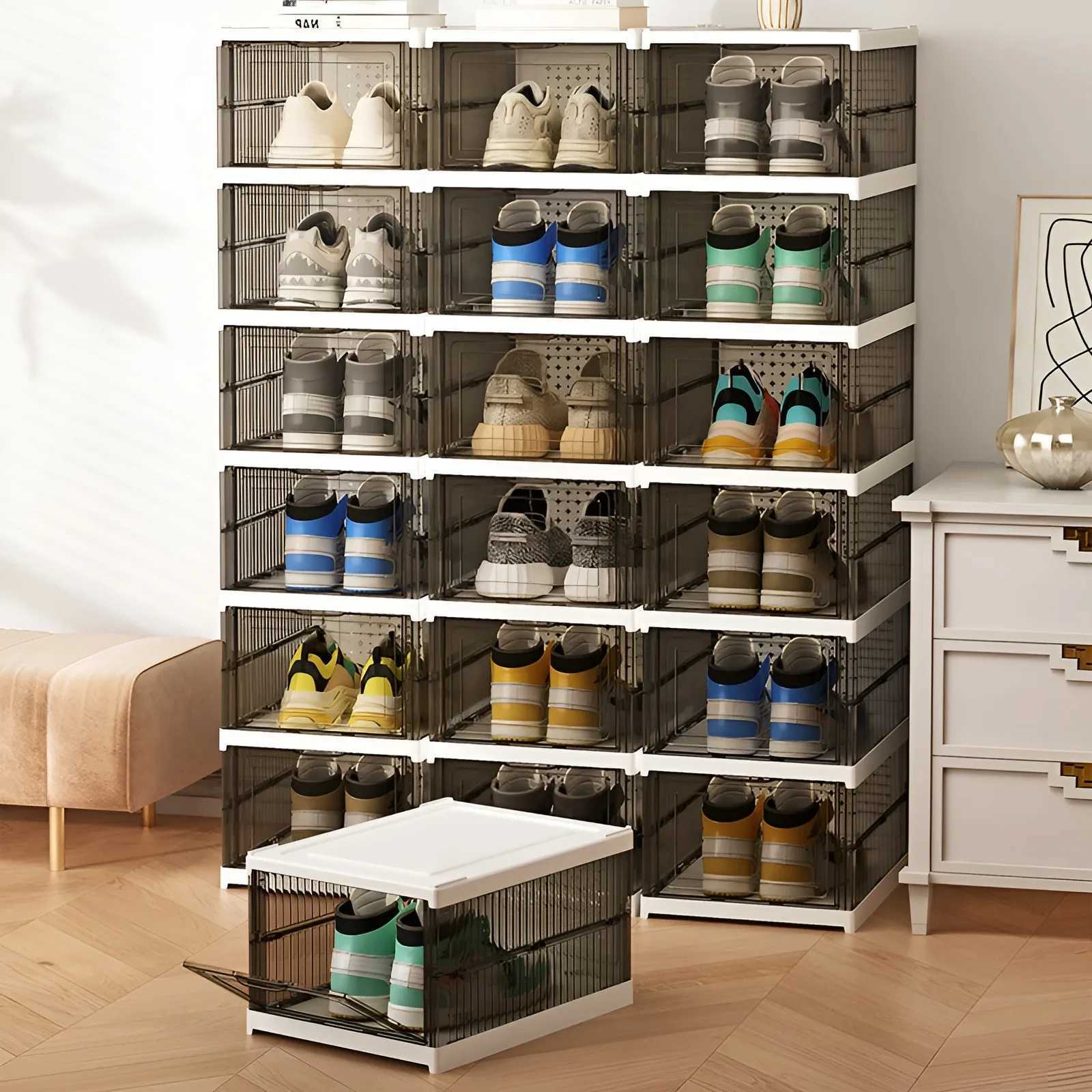 Clear Shoe Storage Box No Assembly Stackable Drop Front Shoe Organizer Storage Bins Allinone Free Standing Shoe Cabinet C251008