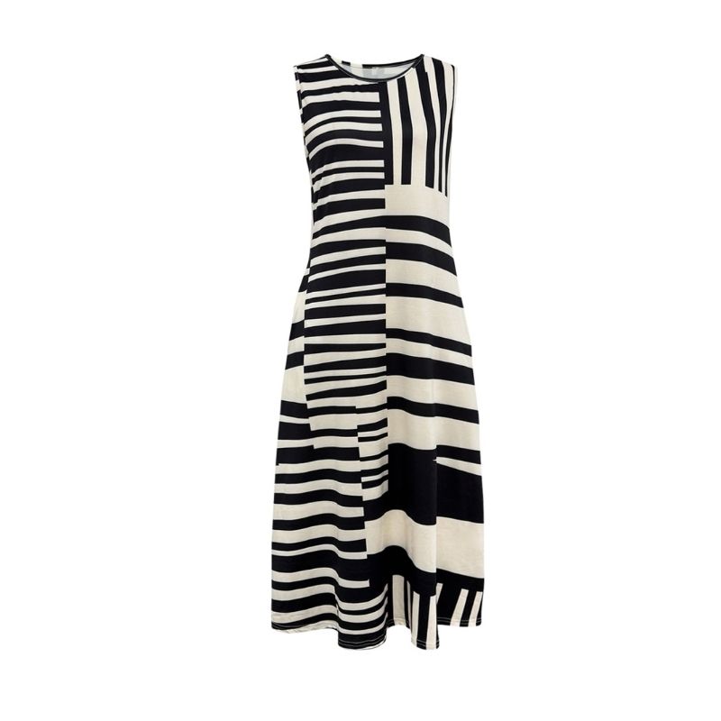Women's Black White Stripe Milk Silk Sleeveless Maxi Dress Loose Round Neck Beach Vacation Dress-CF56169