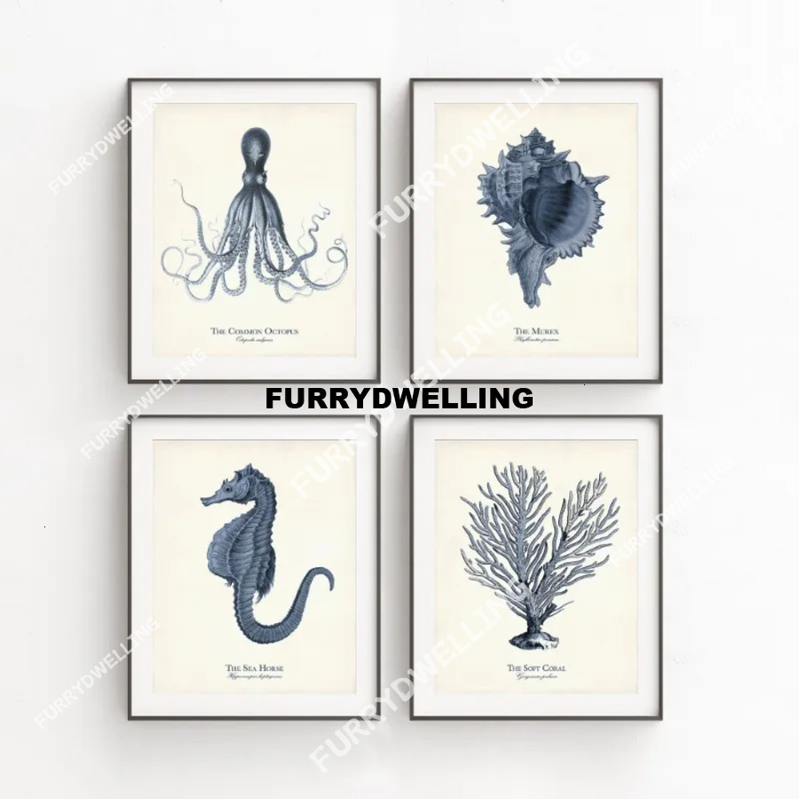 Sea Illustrations Navy Nautical Octopus Seahorse Dwe74 Marine Life Art Poster Canvas Painting Wall Prints Picture Room Home Decor