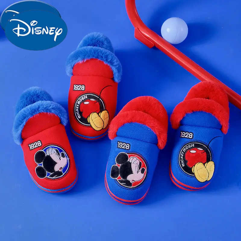 Disney Home Shoes Slipper For Childrens Mickey Mouse Winter Warm Cotton Red Blue Nonslip Indoor Shoes For Kids Size 1518cm H251008