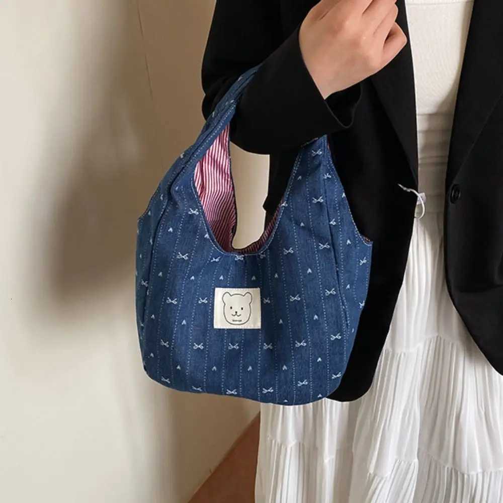 Fashion Korean Style Denim Bucket Bag Sweet Bowknot Denim Bow Handbag Commuting Leisure Cute Wrist Bag StreetwearT251007
