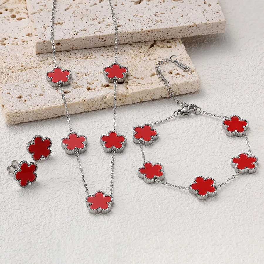 14K Gold Plated Cinquefoil Link Bracelet White Black Red Green Lucky Bracelet Necklace Earrings Jewellery Gifts Fashion WomenT251007