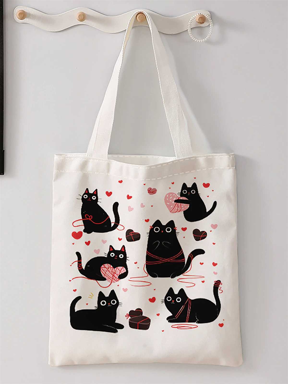 Black cat pattern printed casual handbag reusable fashionable backpack multifunctional handbag canvas shopping bagT251007
