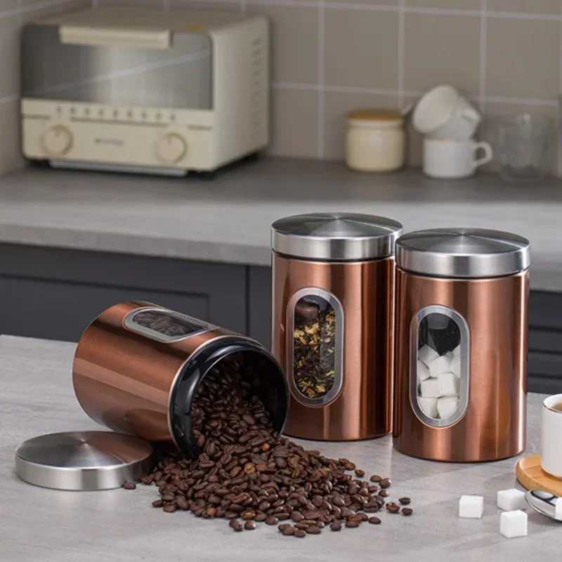 13Pcs Coffee Canister Stainless Steel Food Storage Jars with Visual Window Kitchen Storage Coffee Bean Tealeaf Sealed Cans C251008