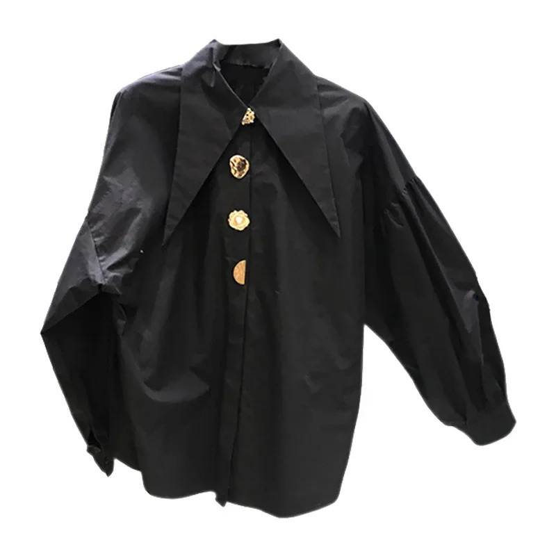 Casual Longsleeve Shirt Women Fashion Turn Down Collar Big Button Retro Blouse Female 2501008