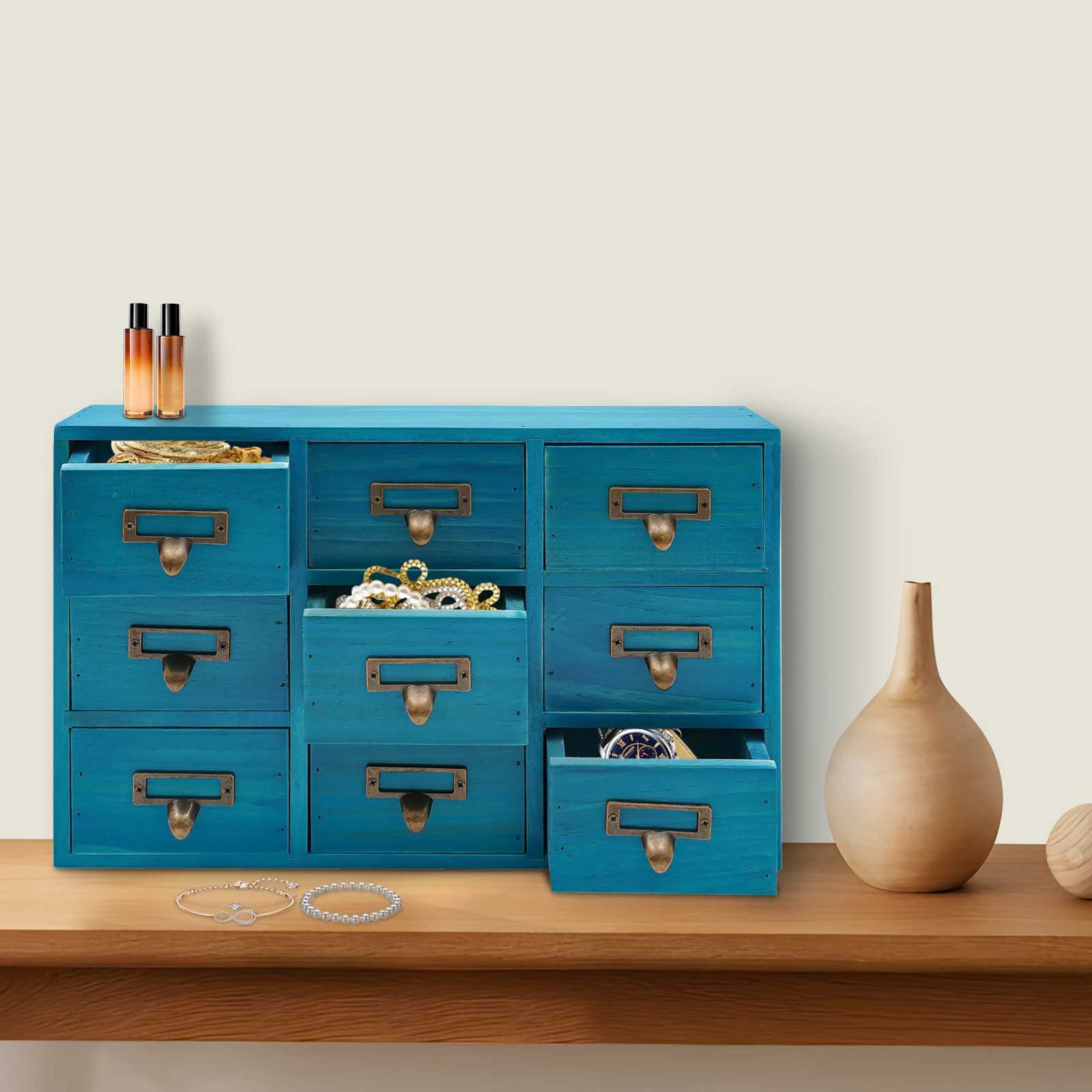 9Drawer Wooden Apothecary Cabinet Rustic Durable Blue Herb Storage Box Desk for CablesSpicesOffice Home C251008