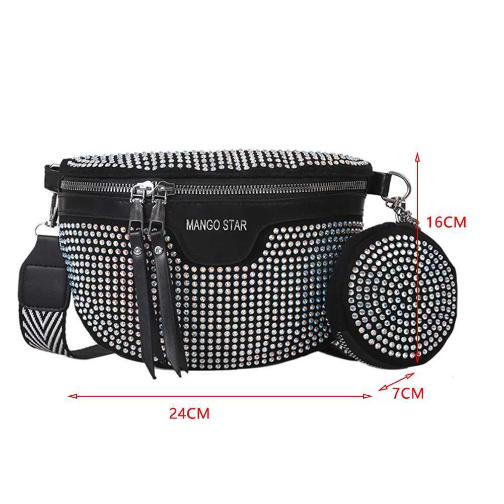 Rhinestone Shoulder Bag Fashion Female Sling Waist Pack Casual Adjustable Strap Simple Portable Black Chest Bag for VacationT251007