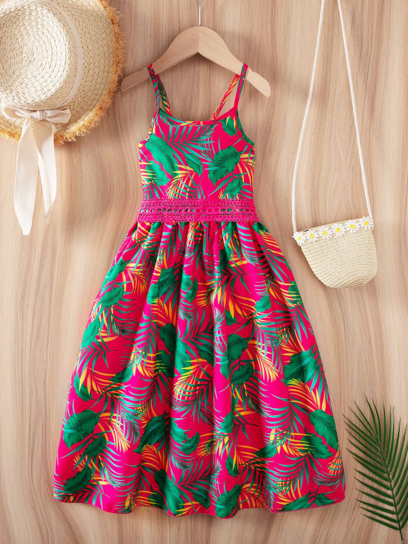 Girls' Tropical Plant Print Sling Dress, Cute Beach Dress for Kids, Summer Casual Outfit-2447