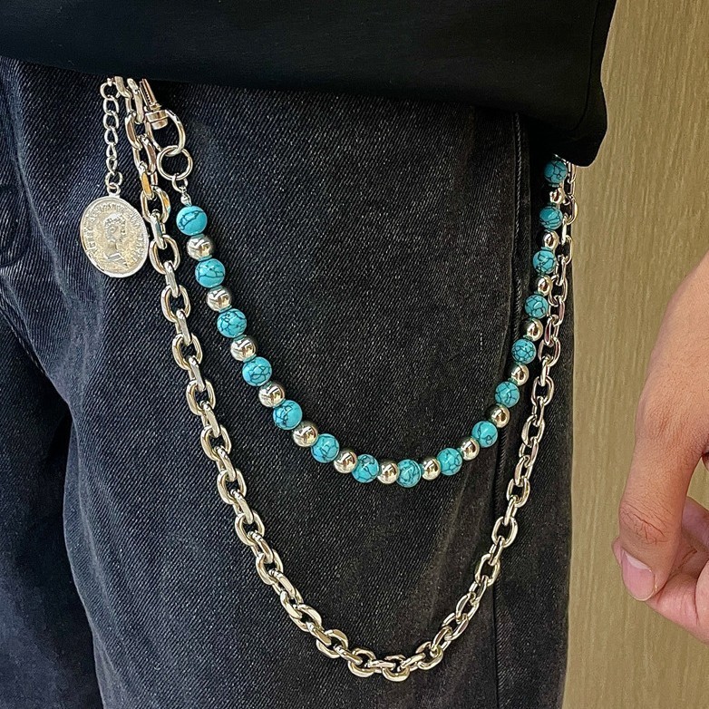 Blue Background Black Pattern Turquoise Detachable Unisex Pants Chain Accessories Hip Hop Niche Vibe Double Layer Waist Chain Jeans 250912