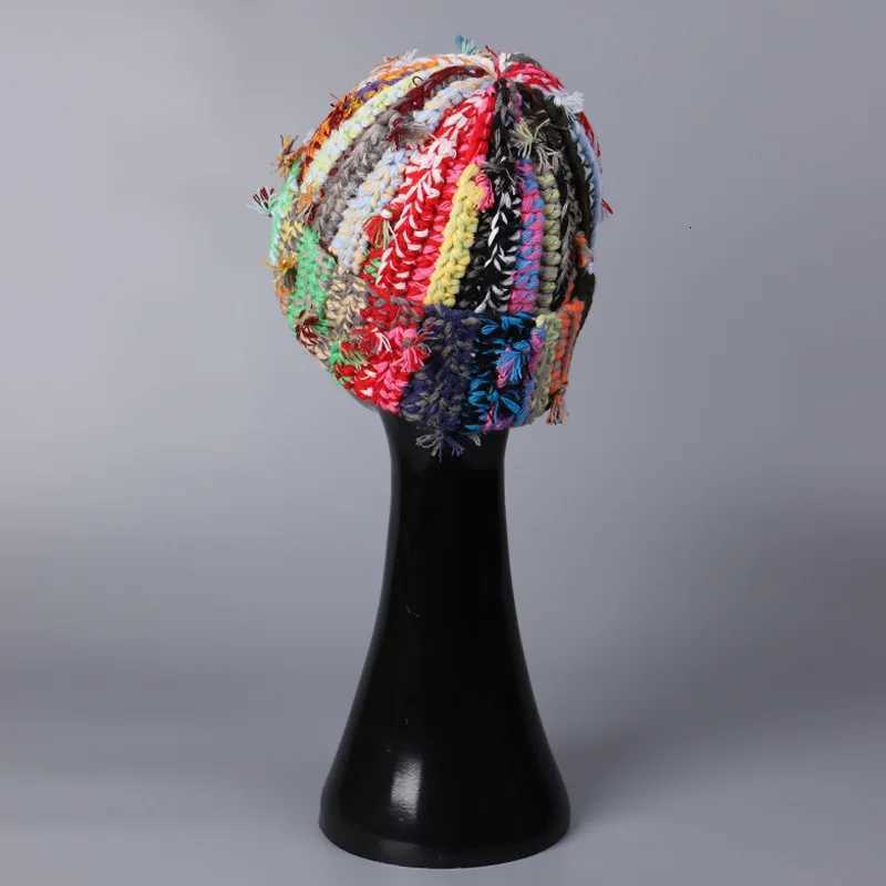 Handmade Heavy Industry Multistrand Twist Mixed Color Knitted Wool Hat Dopamine Color Womens Winter Warm Overhead Beanie CapXJ251008