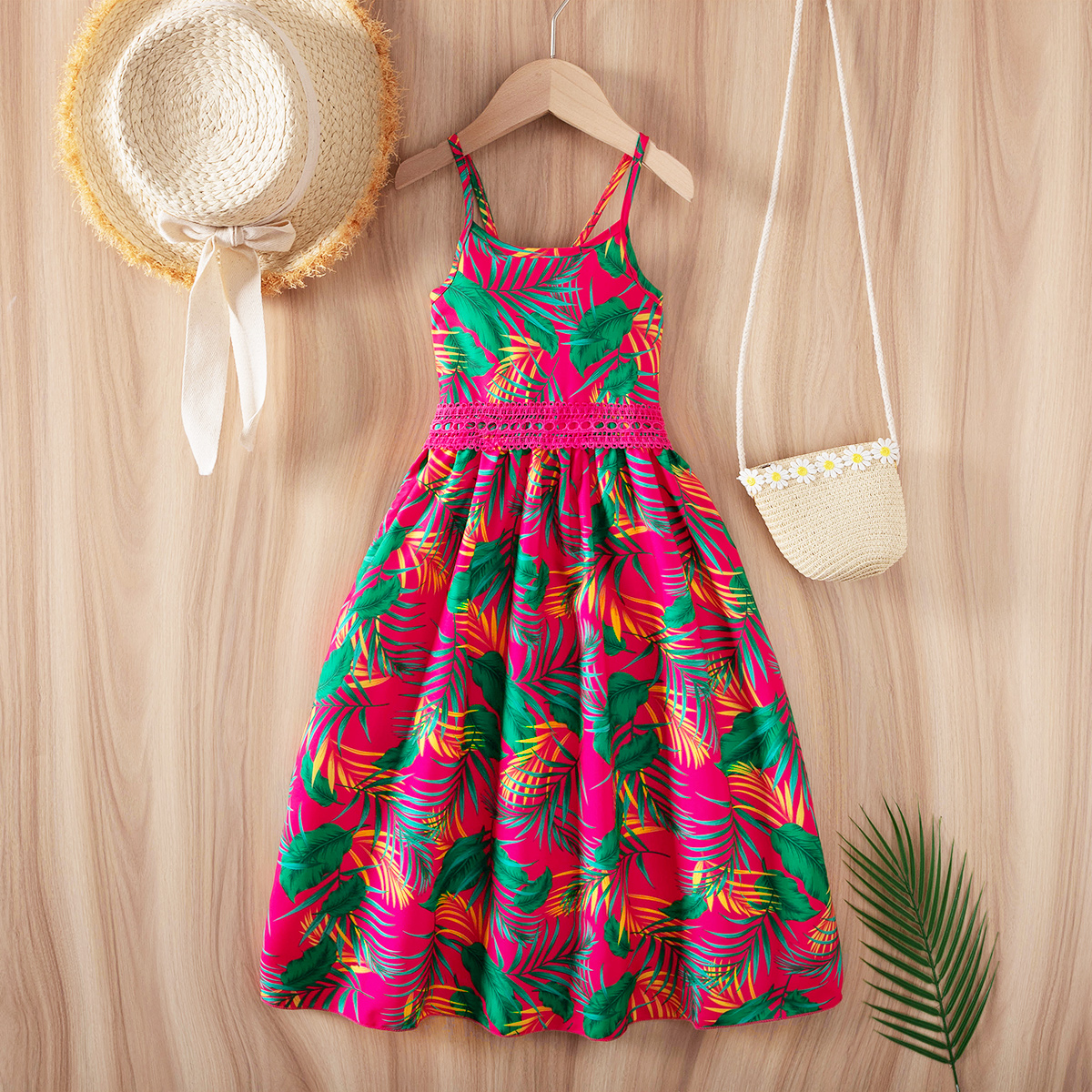 Girls' Tropical Plant Print Sling Dress, Cute Beach Dress for Kids, Summer Casual Outfit-2447