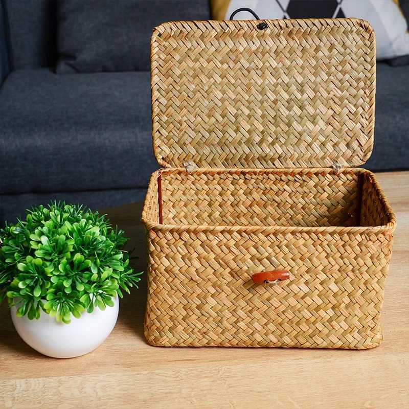 Storage Shelf Basket with Lid Rectangular Handmade Seagrass Rattan Woven Makeup Organizer Multipurpose Container Natural Box for C251008