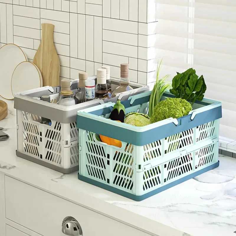 Heavy Duty Folding Storage Basket Portable Picnic Camping Box with Handle Large Plastic Container for Supermarket Shopping C251008