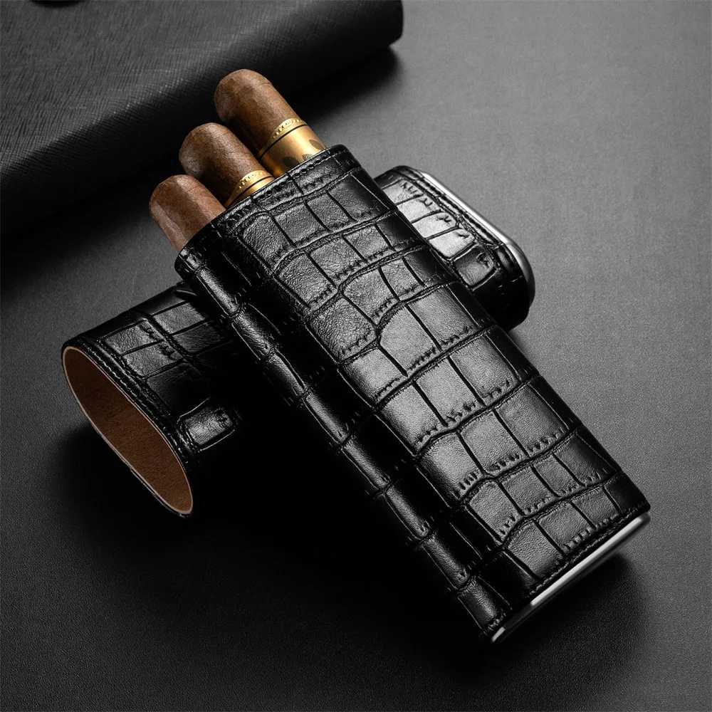 3pack Cigar Case Luxury Portable Leather Holder Box Storage with Stainless Steel Sharp Cigar Cutter Smoking Accessories CH24FA Y251008