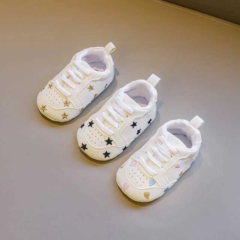 Baby White PU Sneaker Nonslip for Toddler Boys and Girls Cute Embroidery Stars and Hearts C251008