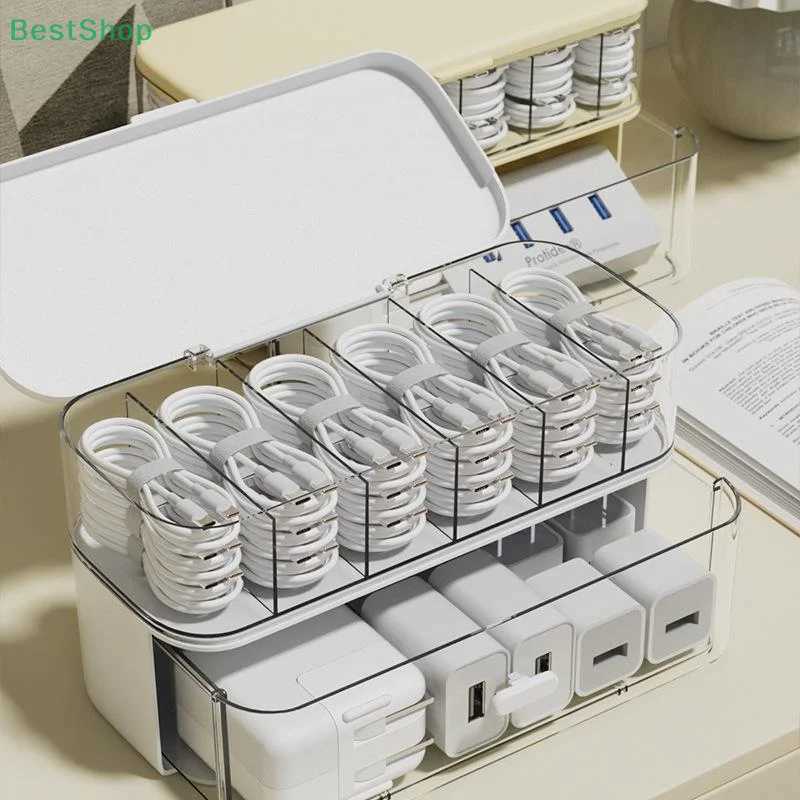 Double Layer Data Cable Compartment Storage BoxMobile Phone Charger Organizer Container Desktop Management Hub Box C251008