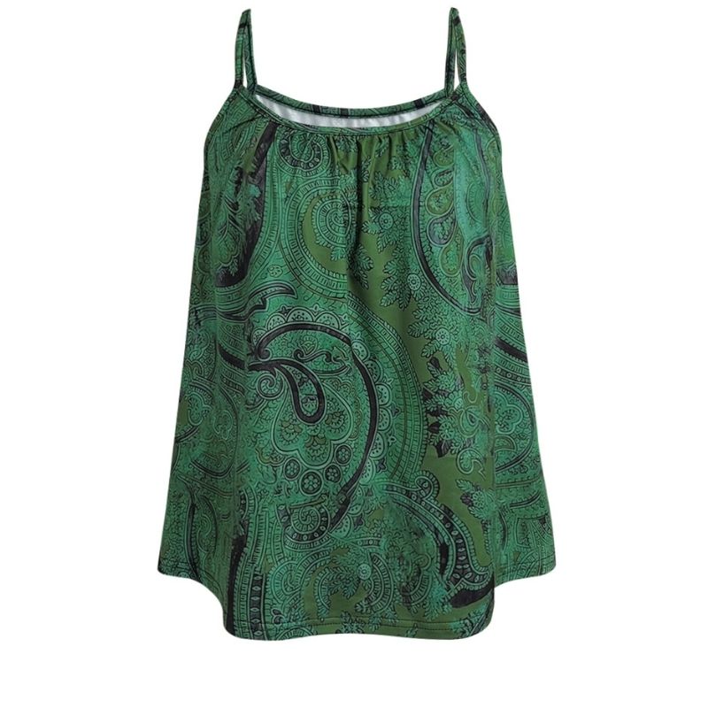 Women's Paisley Print Milk Silk Camisole Green Vacation Style Plant Pattern Sleeveless Top-CF56066