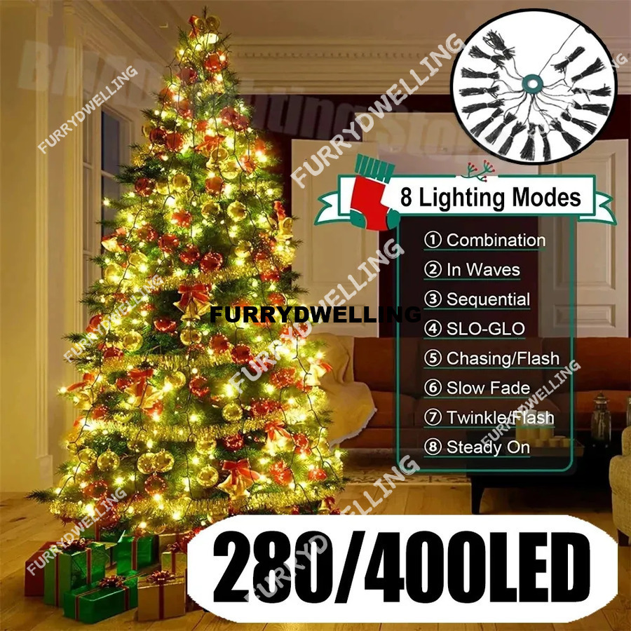 280/400 LED Christmas Tree Top Star Waterfall Timer Outdoor Dwe74 Memory Fairy String Garden Holiday Light 241024