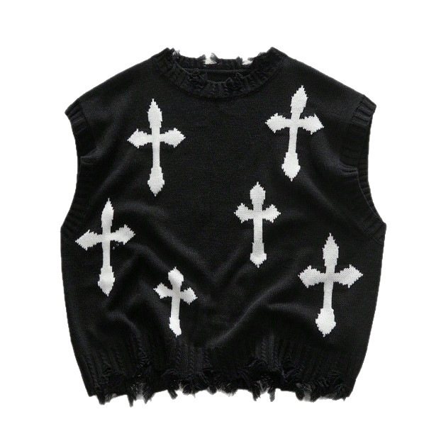 Harajuku Fashion Mens and Womens Couple Fall and Winter Sweater Y2K Cross 90s Gothic Fitted Round Neck Tops Clothing 250819