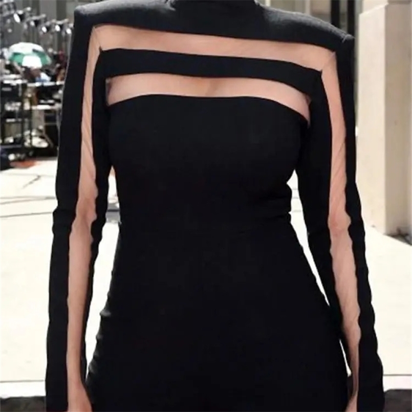 Yeezzi Womens Fashionable and Sexy Mesh Split High Neck T-shirt Year Long Sleeve Solid Color Womens Tight Top 241114CJ