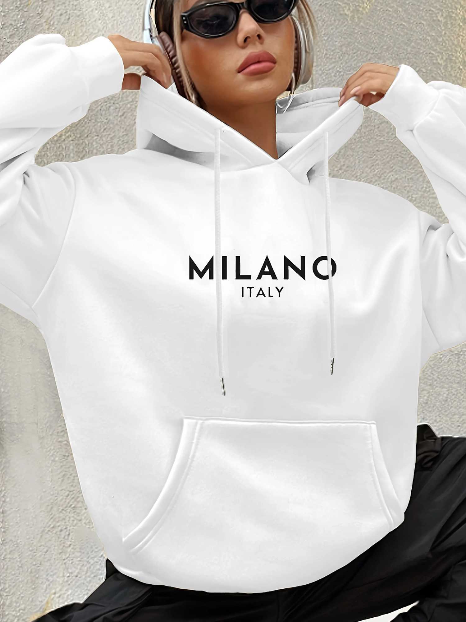Womens casual fashion hoodie sweatshirt MILANO ITALY print round neck long sleeved autumn and winter warm regular versionT251105