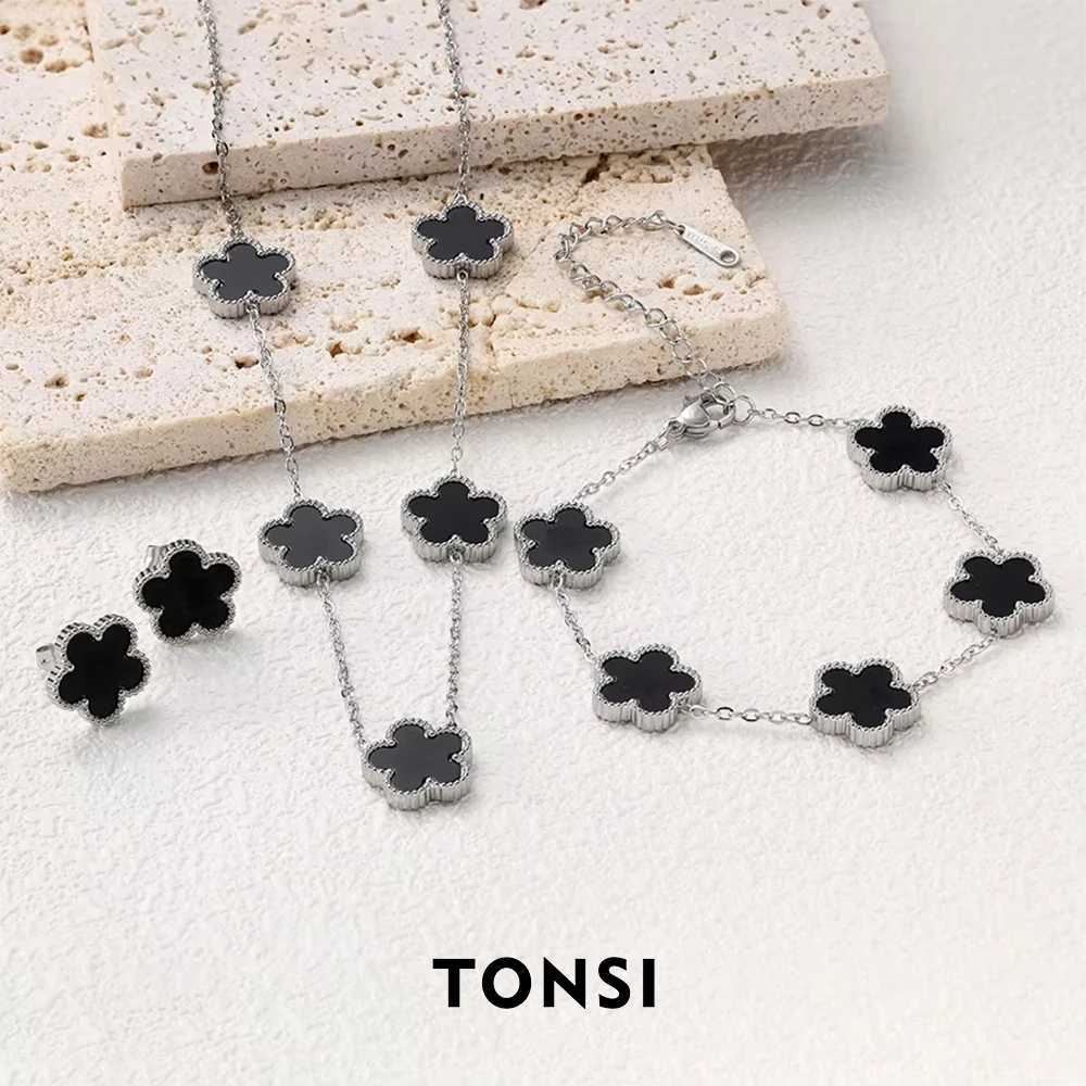 14K Gold Plated Cinquefoil Link Bracelet White Black Red Green Lucky Bracelet Necklace Earrings Jewellery Gifts Fashion WomenT251007