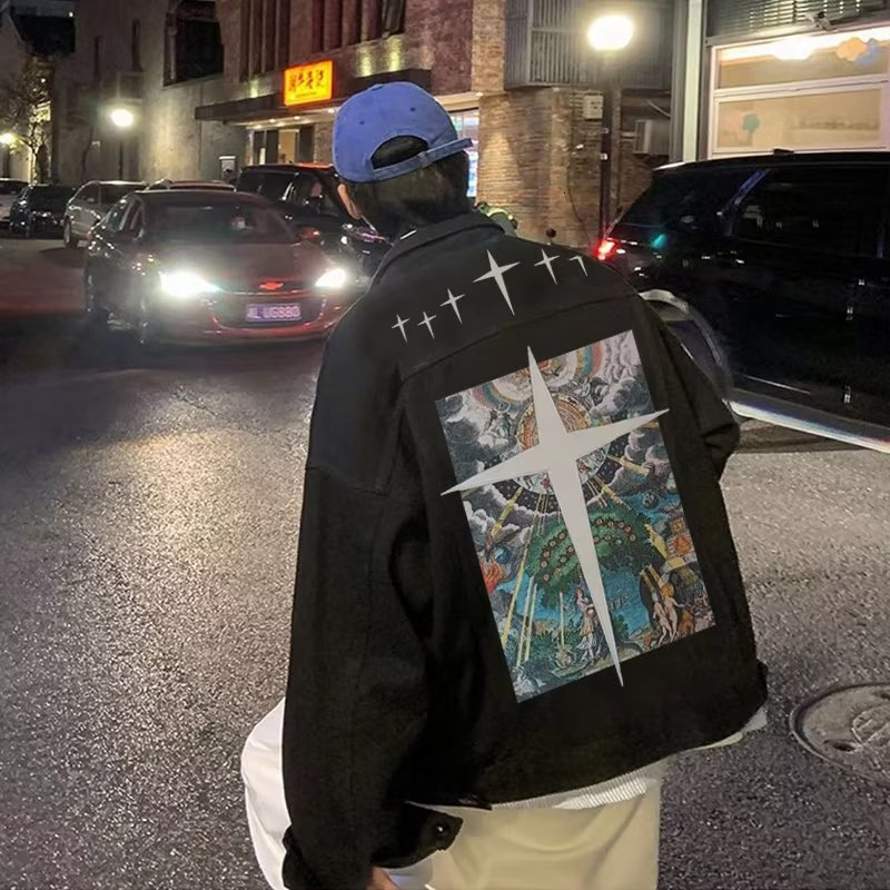 ABOORUN Mens Hip Hop Denim Jackets Fashion Graffiti Printed Denim Jackets Streetwear Oversize Coat for Male R1200 240810