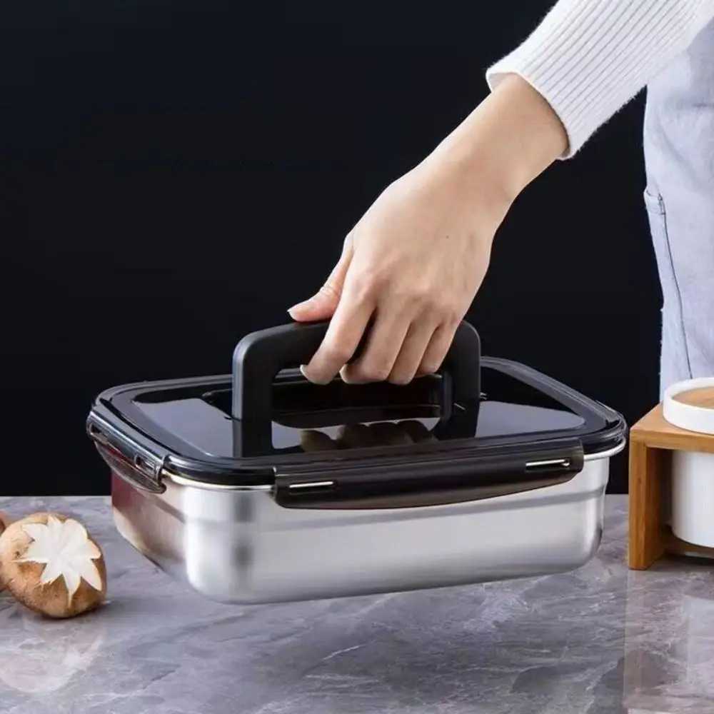 with Handle Stainless Steel Crisper Sealed Large Capacity Freshkeeping Box Rectangular Korean Pickle Box Picnic C251008