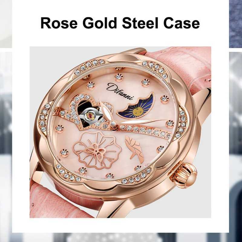 Fashion Style Automatic Mechanical Watches Women Butterfly Spinning Moon Phase Luminous Rose Gold Waterproof Ladies Watch X260410