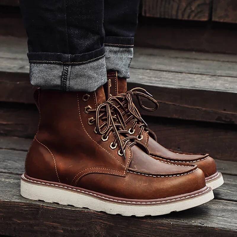 Vintage British Casual Men Shoes Handmade Autumn Winter Snow Plush Warm Ankle Round Toe Motorcycle Boots Cow Leather