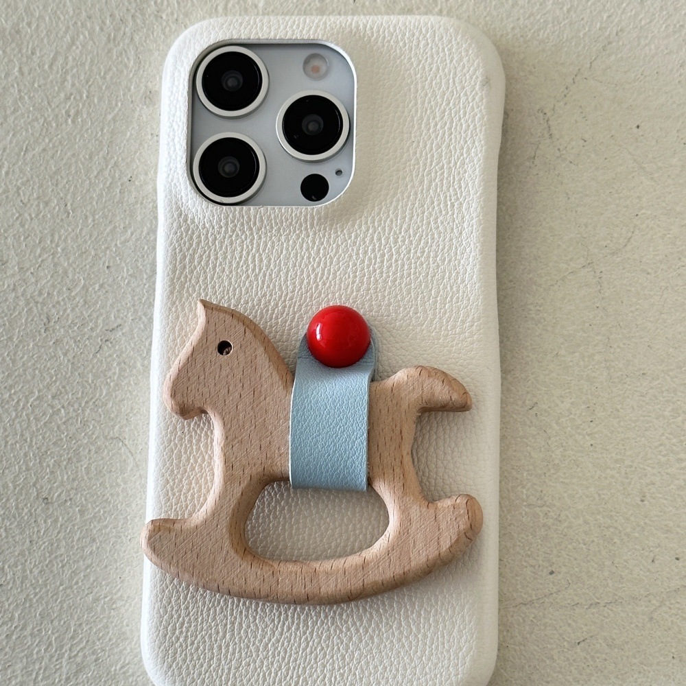 Work for iPhone 16 Pro Max Cover Protective Anti Slip Dopamine Cortex Wooden Horse Stand Phone Case Grip Cute Design Leather Touch Shockproof Case for