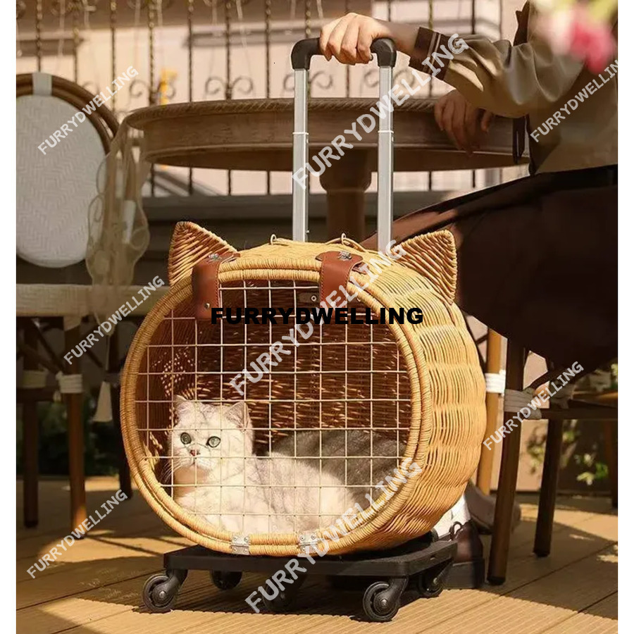 Rattan Weaving Durable Wheel-Equipped Animal Transport Tote - Ideal For Carrying Cats Dwe74 Or Dogs Under 20Lbs Easily During Travels