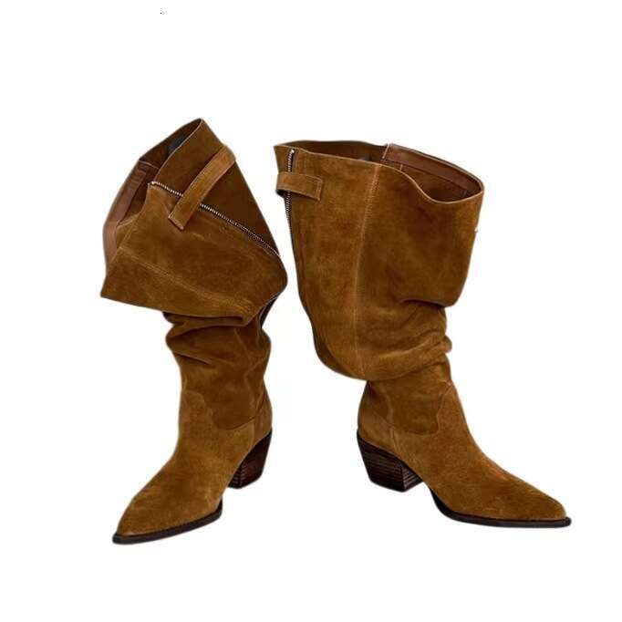 High Wide Calf Long for Women 2024 Autumn Winter New Pointed Toe Spicy Girl Western Cowboy Chunky Heel Riding Boots c6