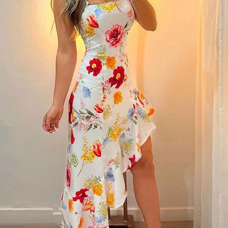 Women's Floral Print Milk Silk Slip Dress Asymmetric Hem Ruffle Trim Vacation Maxi Dress Multi-color-CF52751