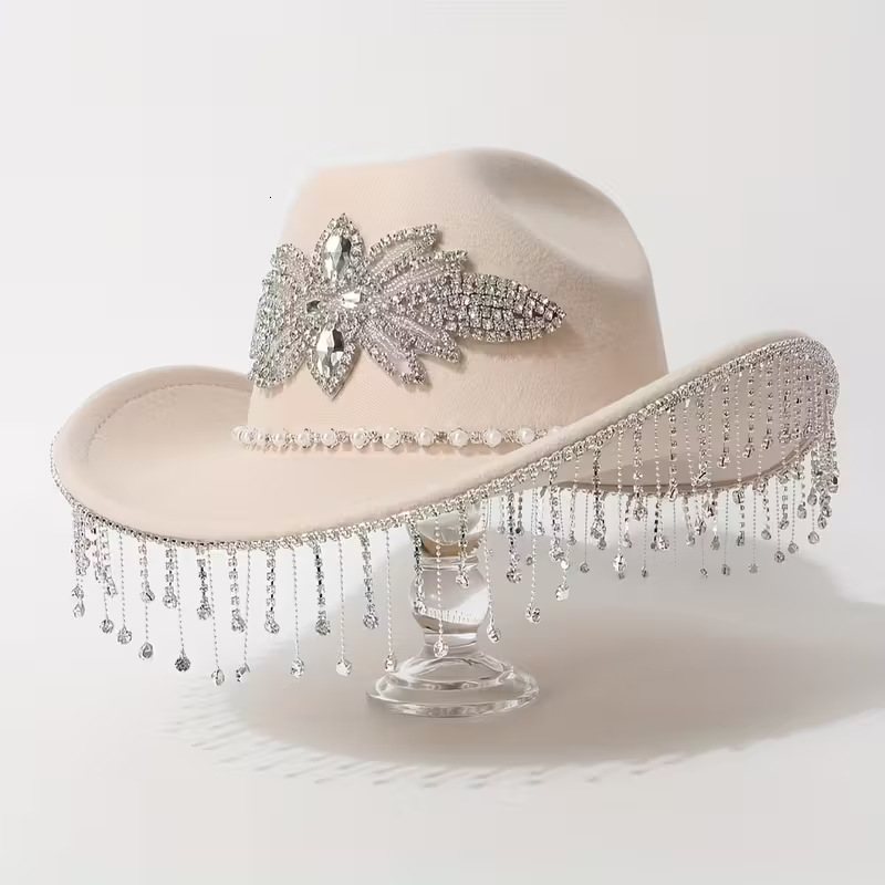 Rhinestone Tassel Wool Western Cowboy Hat Large Head Circumference Hat Autumn Winter Women Elegant Jazz Fedora Wide Brim 250326