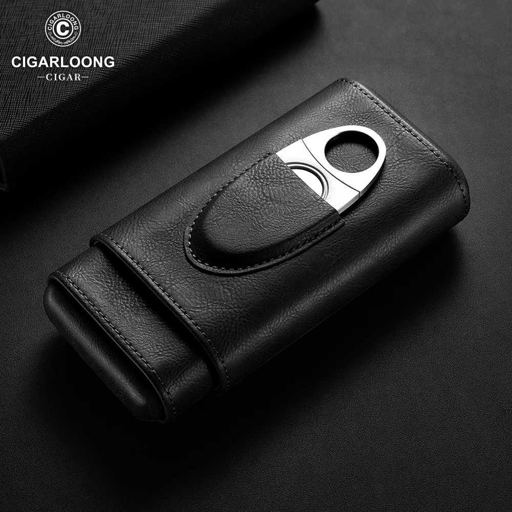 Leather Cigar Case Cedar Wood Lined Portable Cigar Box Holder with Stainless Steel Cigar Cutter Gift Box for 23 Cigars CH24FT1 Y251008