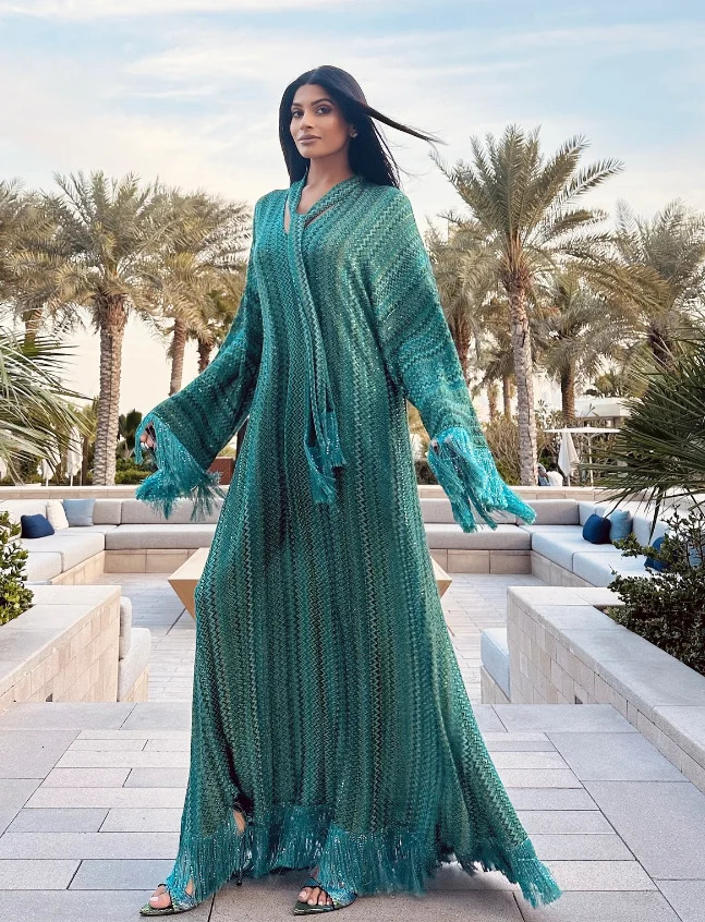 Stripe Loose Women Dresses Tassel With Scarf V neck Female Maxi Dress Summer Fashion Party Full Sleeve Lady Green Vestidos 2501008