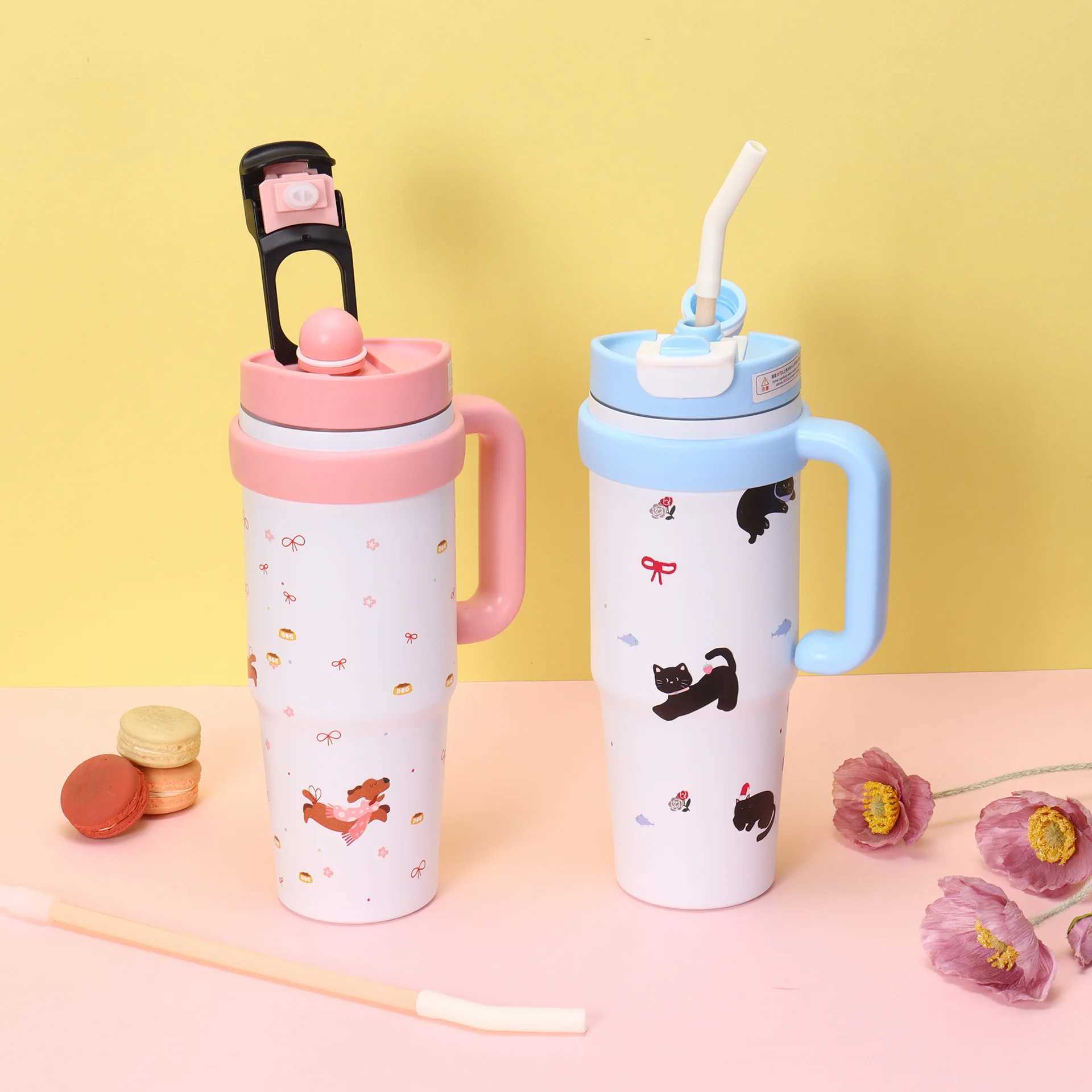 Big Mac straw water cup for girls high value car handle straw cup large capacity 316 stainless steel thermos cup C251008