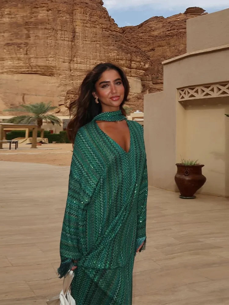 Stripe Loose Women Dresses Tassel With Scarf V neck Female Maxi Dress Summer Fashion Party Full Sleeve Lady Green Vestidos 2501008