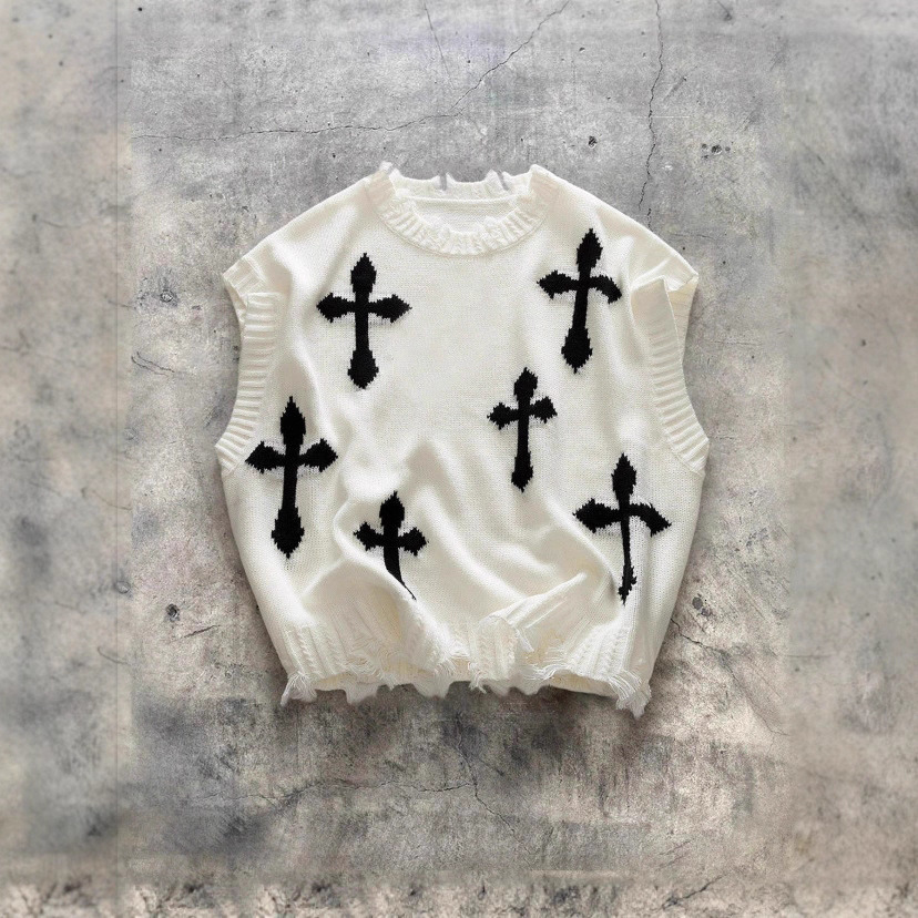Harajuku Fashion Mens and Womens Couple Fall and Winter Sweater Y2K Cross 90s Gothic Fitted Round Neck Tops Clothing 250819