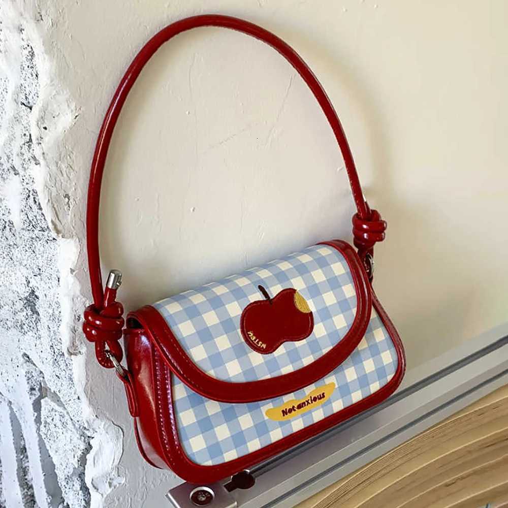 Fashion Contrast Color Plaid Crossbody Bags for Women 2025 New Trendy Apple Embroidery Flap Single Shoulder Bag Commuter HandbagT251007
